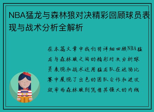 NBA猛龙与森林狼对决精彩回顾球员表现与战术分析全解析